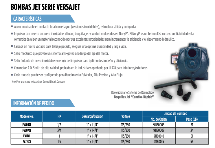 Bomba de Agua Jet Autocebante Serie Versajet de 0.5 a 1.5 Hp, Franklin Electric