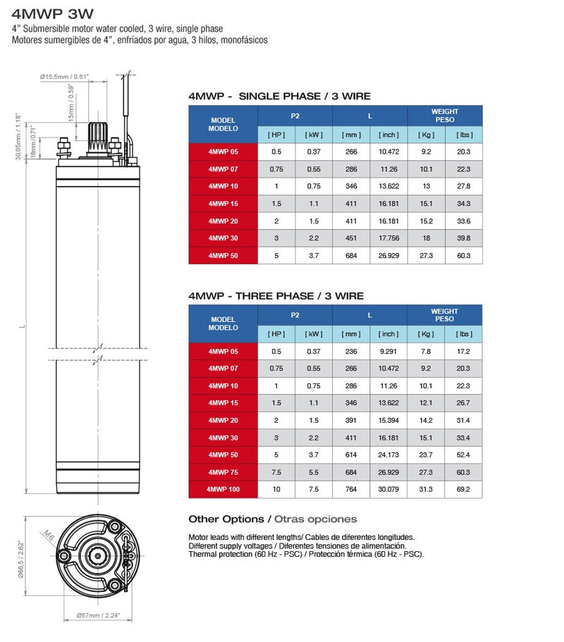 Motor sumergible de 4" en agua 3 hilos de 0.5 a 3 Hp, Pearl